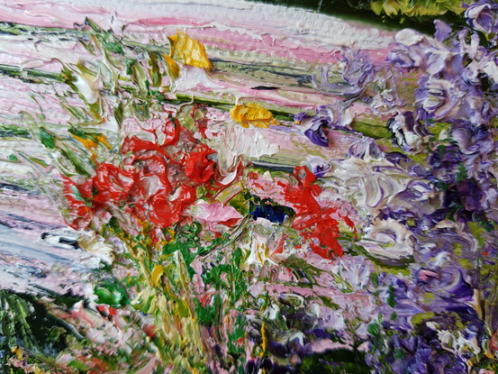 (CreativeWork) Pink bench with flowers by Carmen Iglesias. Oil. Shop online at Bluethumb.