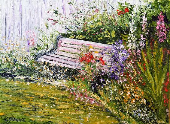 (CreativeWork) Pink bench with flowers by Carmen Iglesias. Oil. Shop online at Bluethumb.