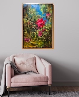 Individual Holly hock Flowers is standing tall and dominant in the garden.  The painting has applied in an impressionist style with expressive bold brush strokes.