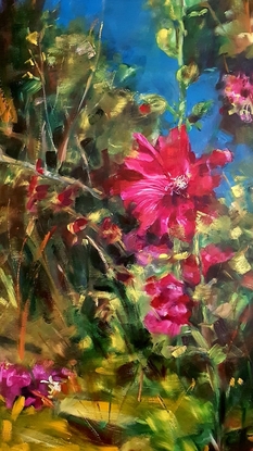 Individual Holly hock Flowers is standing tall and dominant in the garden.  The painting has applied in an impressionist style with expressive bold brush strokes.