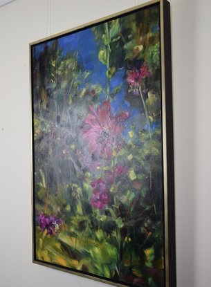 Individual Holly hock Flowers is standing tall and dominant in the garden.  The painting has applied in an impressionist style with expressive bold brush strokes.