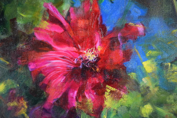 Individual Holly hock Flowers is standing tall and dominant in the garden.  The painting has applied in an impressionist style with expressive bold brush strokes.