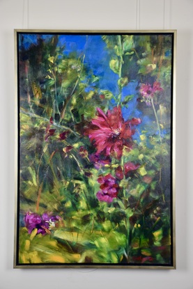 Individual Holly hock Flowers is standing tall and dominant in the garden.  The painting has applied in an impressionist style with expressive bold brush strokes.