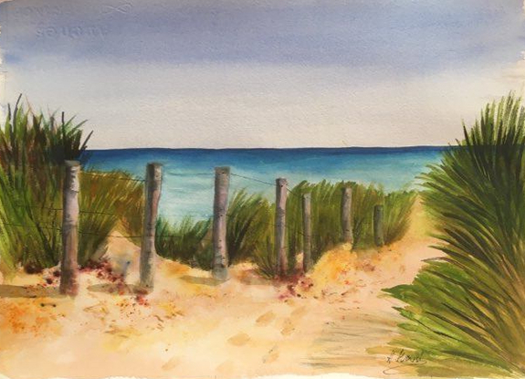 (CreativeWork) Beach Visit by Hilde Marsh. Watercolour. Shop online at Bluethumb.