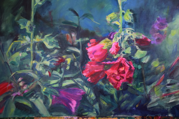 The composition of this painting was based on the 'infinite symbol'.  Red Hollyhocks is a horizontal arrangement in a garden with a dark background.