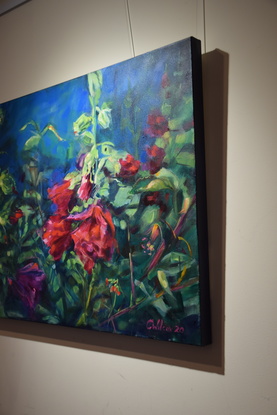 The composition of this painting was based on the 'infinite symbol'.  Red Hollyhocks is a horizontal arrangement in a garden with a dark background.