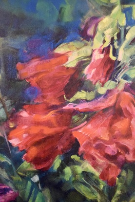 The composition of this painting was based on the 'infinite symbol'.  Red Hollyhocks is a horizontal arrangement in a garden with a dark background.