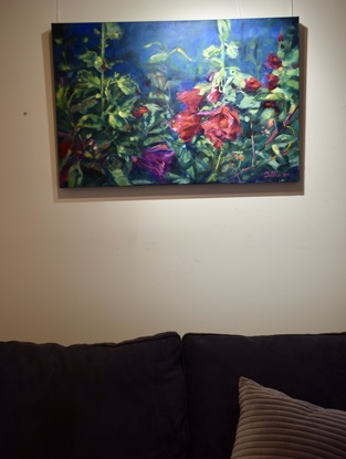 The composition of this painting was based on the 'infinite symbol'.  Red Hollyhocks is a horizontal arrangement in a garden with a dark background.