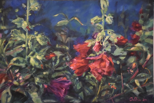 The composition of this painting was based on the 'infinite symbol'.  Red Hollyhocks is a horizontal arrangement in a garden with a dark background.