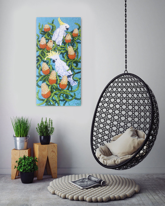 (CreativeWork) Cockatoos and Banksia by Irina Redine. Acrylic. Shop online at Bluethumb.