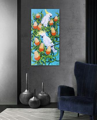 (CreativeWork) Cockatoos and Banksia by Irina Redine. Acrylic. Shop online at Bluethumb.