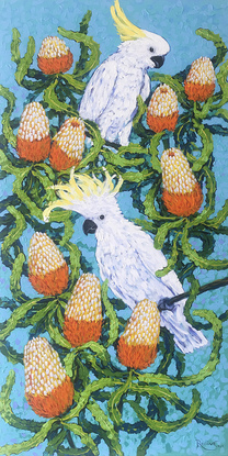 (CreativeWork) Cockatoos and Banksia by Irina Redine. Acrylic. Shop online at Bluethumb.