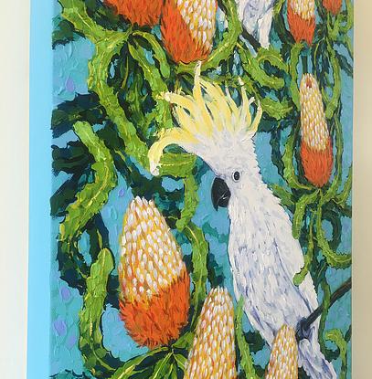 (CreativeWork) Cockatoos and Banksia by Irina Redine. Acrylic. Shop online at Bluethumb.