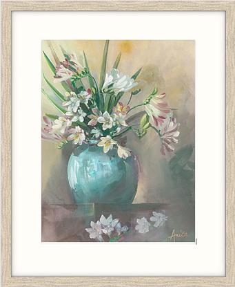 Freesia in teal vase