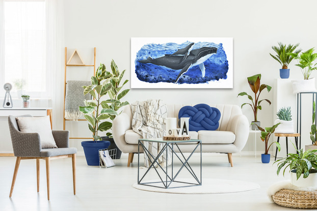 Painting of humpback whale and calf on an abstract blue background