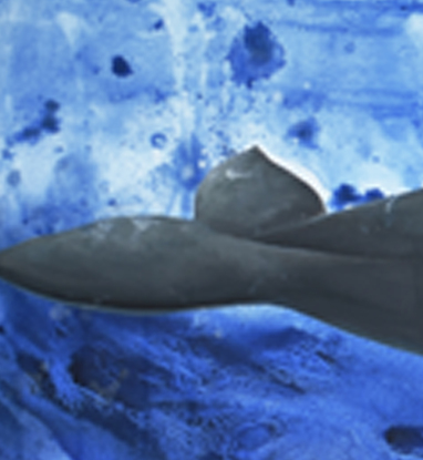 Painting of humpback whale and calf on an abstract blue background