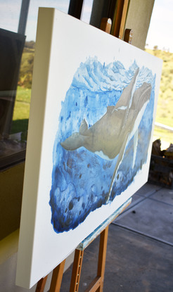 Painting of humpback whale and calf on an abstract blue background