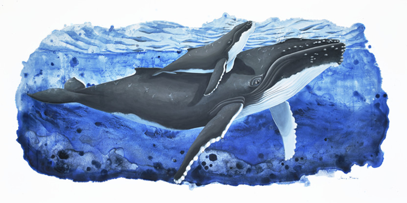 Painting of humpback whale and calf on an abstract blue background