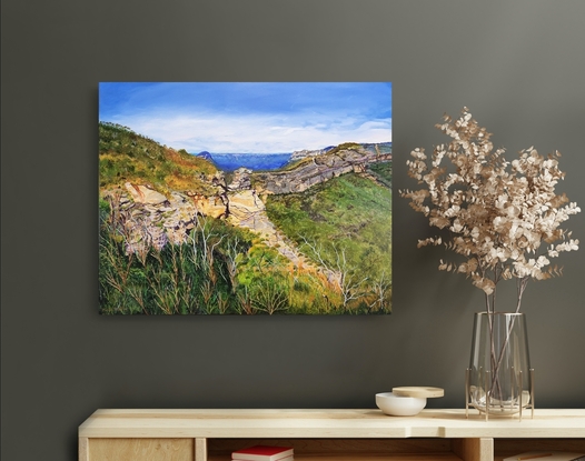 looking towards the distant kedumba valley and along the western side of the Narrowneck plateau with it's rugged sandstone cliffs, some glowing and an amazing array of new growth in differing shapes and sizes