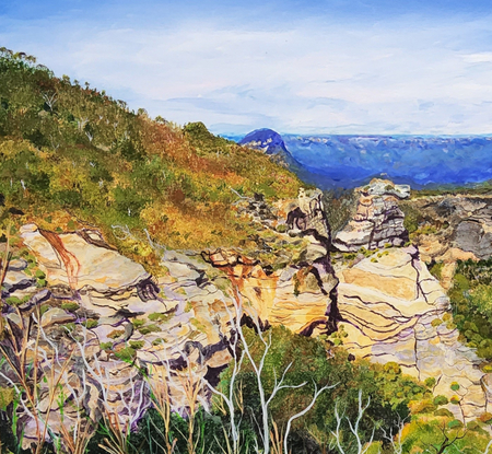 looking towards the distant kedumba valley and along the western side of the Narrowneck plateau with it's rugged sandstone cliffs, some glowing and an amazing array of new growth in differing shapes and sizes