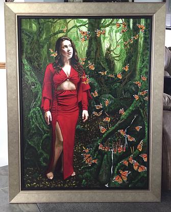 young woman in rainforest and butterflies 