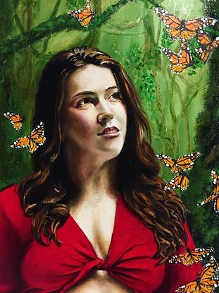 young woman in rainforest and butterflies 