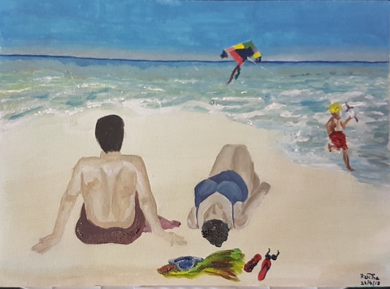 (CreativeWork) Relaxing on beach by Rucha Harshe. Oil. Shop online at Bluethumb.