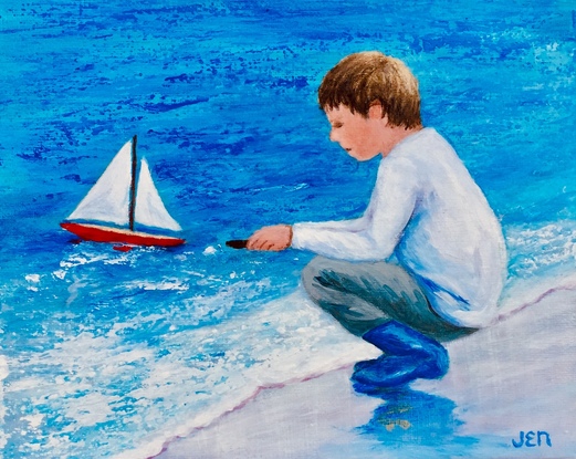 Young boy sailing his new boat for the first time. Main colours are blue and white with a touch of mauve and pink in the sand where his blue boots are reflected.