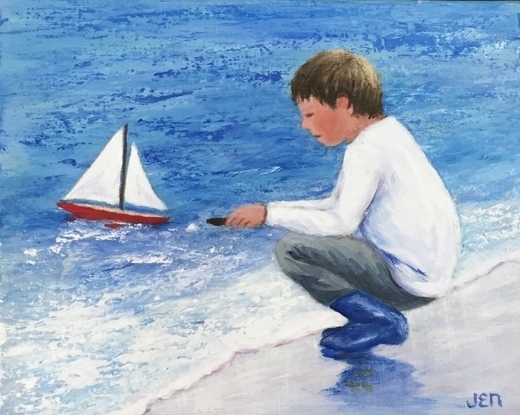 Young boy sailing his new boat for the first time. Main colours are blue and white with a touch of mauve and pink in the sand where his blue boots are reflected.