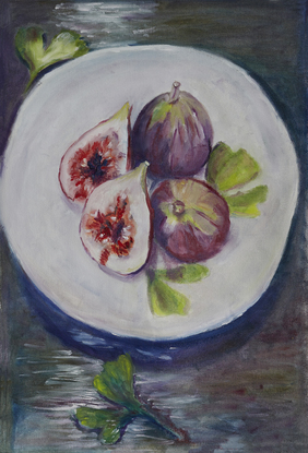 (CreativeWork) Figs on Plate by Kate Lionis. Oil. Shop online at Bluethumb.