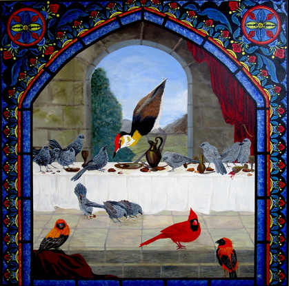 Religeous birds at Last Supper through stained glass window.