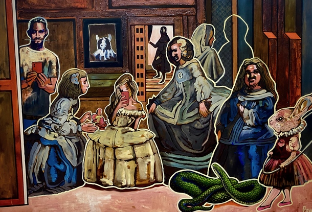 Eight people, one ghostly figure, a snake and a rabbit in a dark interior.