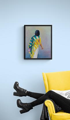 Backview of a stylish lady with a striking teal and cool lemon sheer scarf draped across her shoulders over a brilliant white fitted skirt walking near the high class shops of Florence Italy.