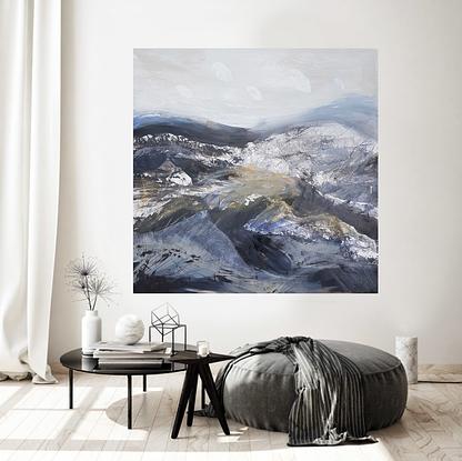 A large abstract artwork painted in shades of blue, black grey and silver depicting the Victorian Alps.