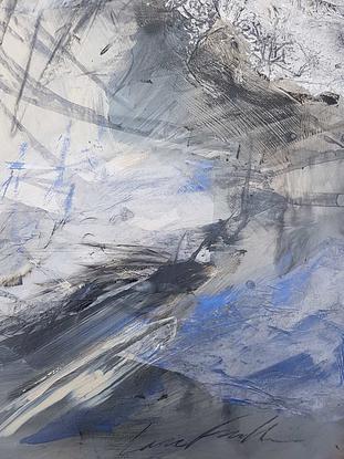 A large abstract artwork painted in shades of blue, black grey and silver depicting the Victorian Alps.