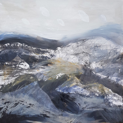 A large abstract artwork painted in shades of blue, black grey and silver depicting the Victorian Alps.