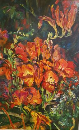 A large canvas covered in larger then life-size orange and magenta freesias.  The composition spirals out from the middle.