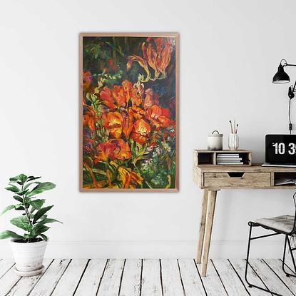 A large canvas covered in larger then life-size orange and magenta freesias.  The composition spirals out from the middle.