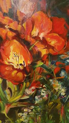 A large canvas covered in larger then life-size orange and magenta freesias.  The composition spirals out from the middle.