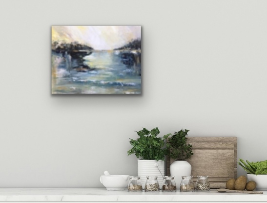 A soft watery view of a river inlet alive with light and energy. Soothing and dreamy. The colours are softly muted ad flow in the water into dreamy reflections. This is a soothing piece that will add sparkle and beauty to your room with its soaring sky and gentle water movements.