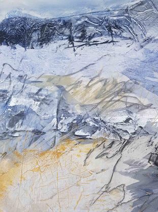 An abstract artwork painted in shades of blue, grey and silver depicting the Victorian Alps.