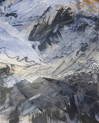 An abstract artwork painted in shades of blue, grey and silver depicting the Victorian Alps.