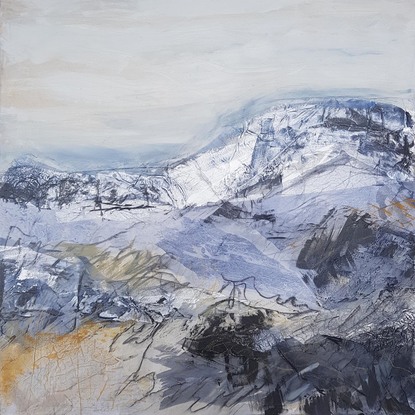 An abstract artwork painted in shades of blue, grey and silver depicting the Victorian Alps.