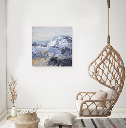 An abstract artwork painted in shades of blue, grey and silver depicting the Victorian Alps.