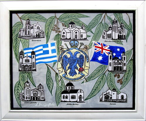 Greek Orthodox Chuches in Australia, flags and eucalyptus branches, semi abstract.