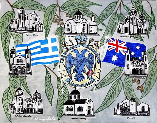 Greek Orthodox Chuches in Australia, flags and eucalyptus branches, semi abstract.