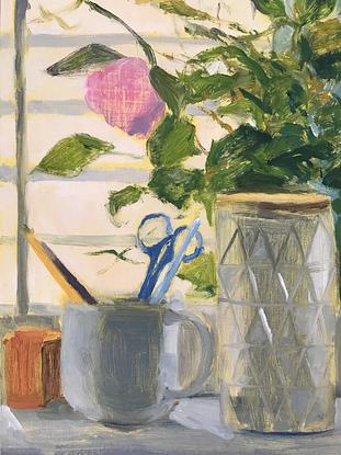 (CreativeWork) Kitchen window still life by Jacqui Reynolds. Oil. Shop online at Bluethumb.