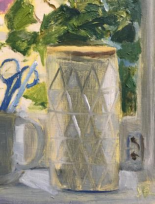 (CreativeWork) Kitchen window still life by Jacqui Reynolds. Oil. Shop online at Bluethumb.