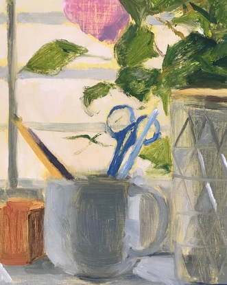 (CreativeWork) Kitchen window still life by Jacqui Reynolds. Oil. Shop online at Bluethumb.