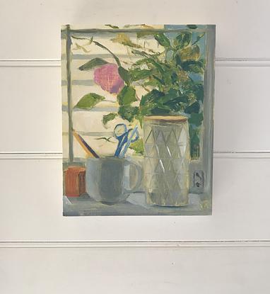 (CreativeWork) Kitchen window still life by Jacqui Reynolds. Oil. Shop online at Bluethumb.